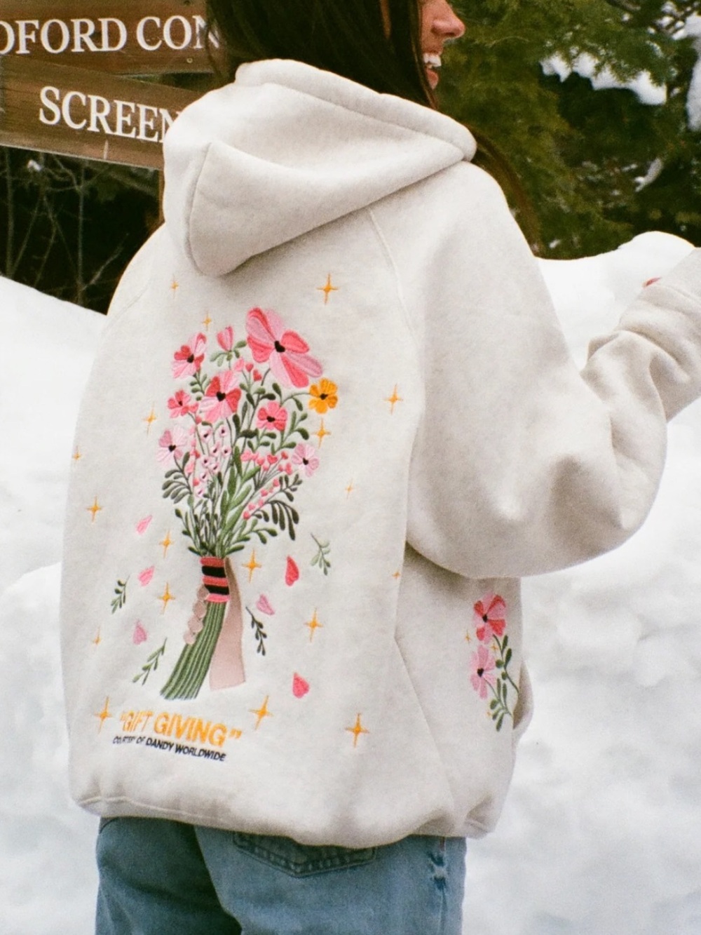 Dandy Worldwide “Gift Giving” Light Gray Floral Embroidered Hoodie - Picture 6 of 6